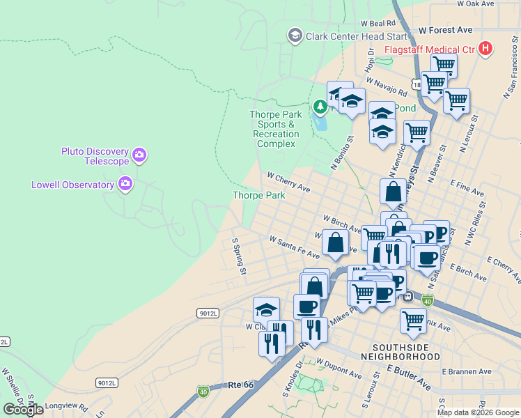 map of restaurants, bars, coffee shops, grocery stores, and more near 824 West Aspen Avenue in Flagstaff