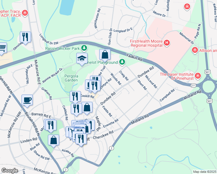 map of restaurants, bars, coffee shops, grocery stores, and more near 25 Medlin Road in Pinehurst