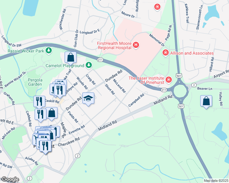 map of restaurants, bars, coffee shops, grocery stores, and more near 80 Short Rd in Pinehurst
