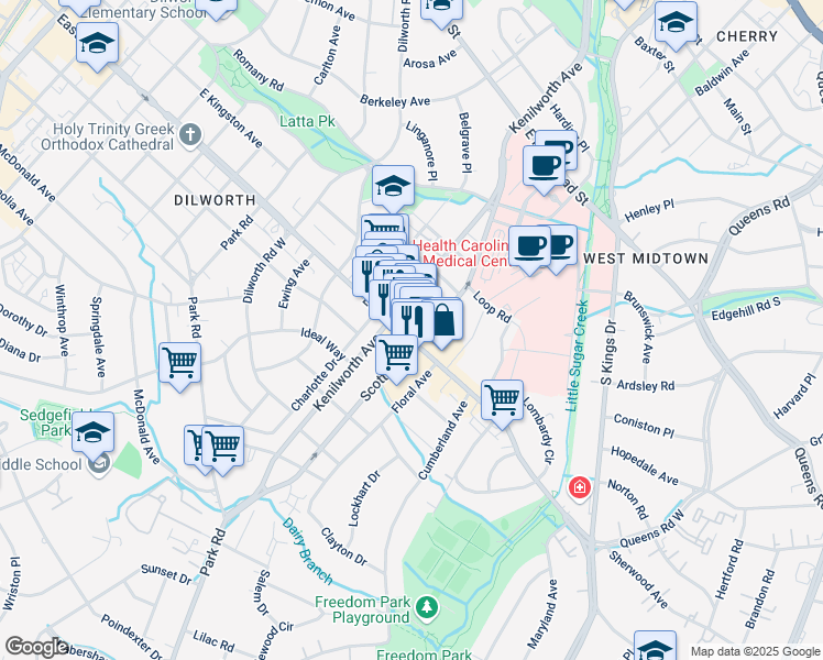 map of restaurants, bars, coffee shops, grocery stores, and more near 1315 East Boulevard in Charlotte