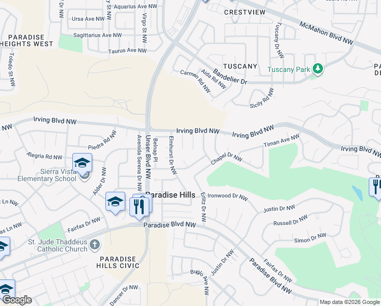 map of restaurants, bars, coffee shops, grocery stores, and more near 10305 Delta Court Northwest in Albuquerque