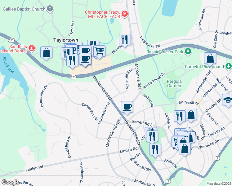 map of restaurants, bars, coffee shops, grocery stores, and more near 5 McDonald Road East in Pinehurst