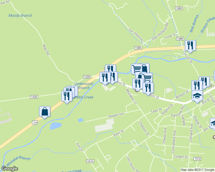 map of restaurants, bars, coffee shops, grocery stores, and more near 114 Main Street in Andrews