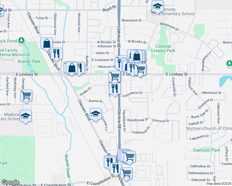map of restaurants, bars, coffee shops, grocery stores, and more near 1375 12th Avenue Southeast in Norman