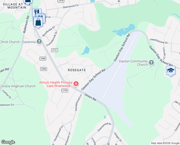 map of restaurants, bars, coffee shops, grocery stores, and more near 855 Longford Drive in Gastonia