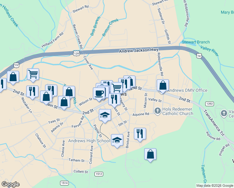 map of restaurants, bars, coffee shops, grocery stores, and more near in Andrews