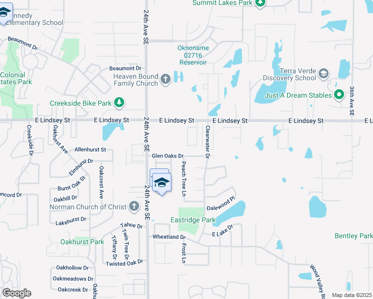 map of restaurants, bars, coffee shops, grocery stores, and more near 2604 Briar Patch Way in Norman