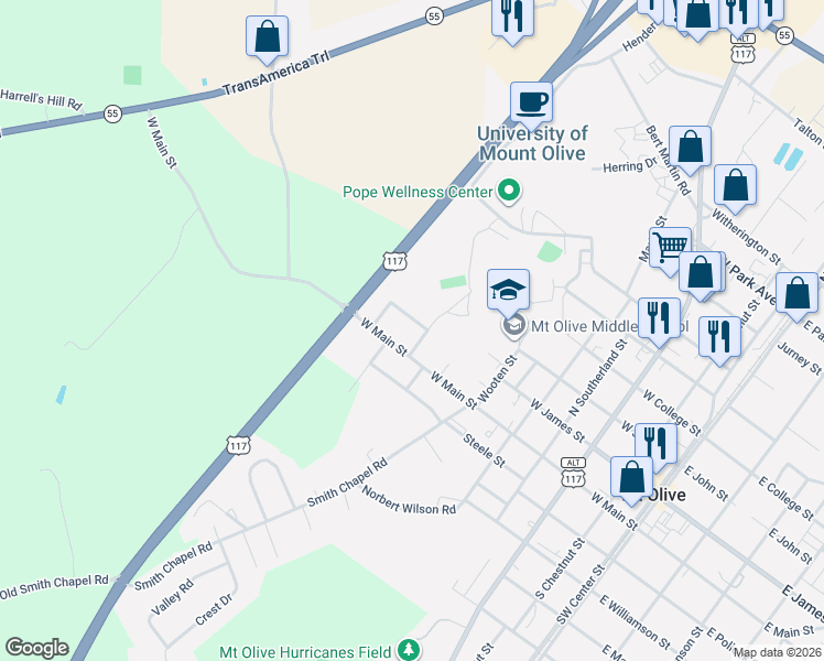map of restaurants, bars, coffee shops, grocery stores, and more near 705 Hillcrest Drive in Mount Olive