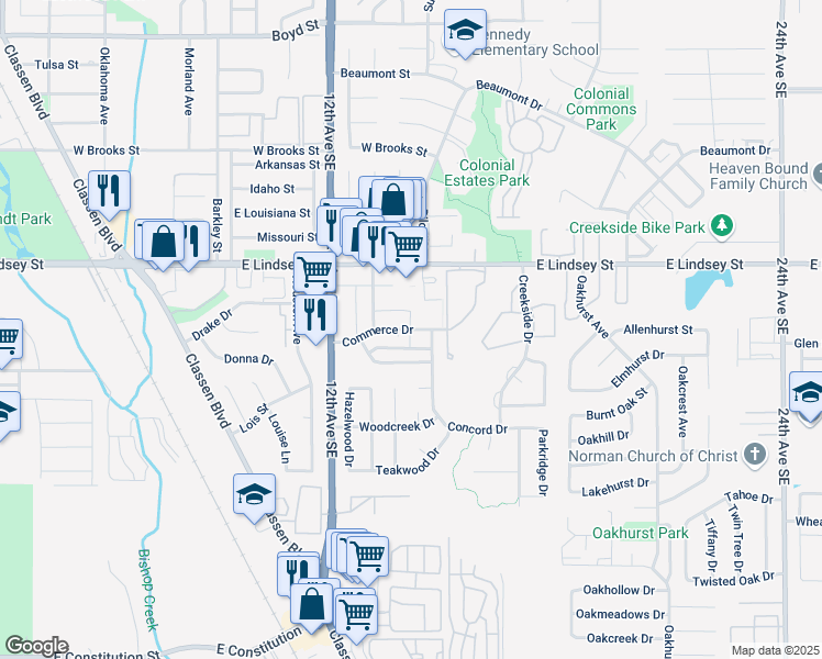 map of restaurants, bars, coffee shops, grocery stores, and more near 1317 Commerce Drive in Norman