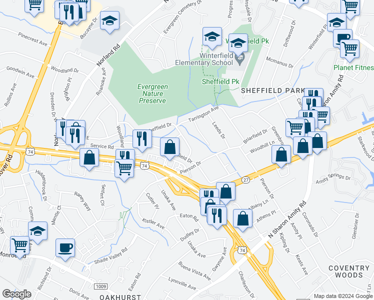 map of restaurants, bars, coffee shops, grocery stores, and more near 4050 Sheffield Drive in Charlotte