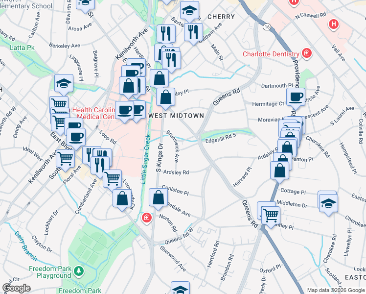 map of restaurants, bars, coffee shops, grocery stores, and more near 1030 Edgehill Road South in Charlotte