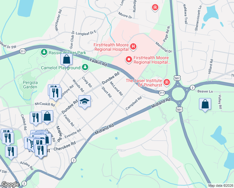 map of restaurants, bars, coffee shops, grocery stores, and more near 80 Short Road in Pinehurst
