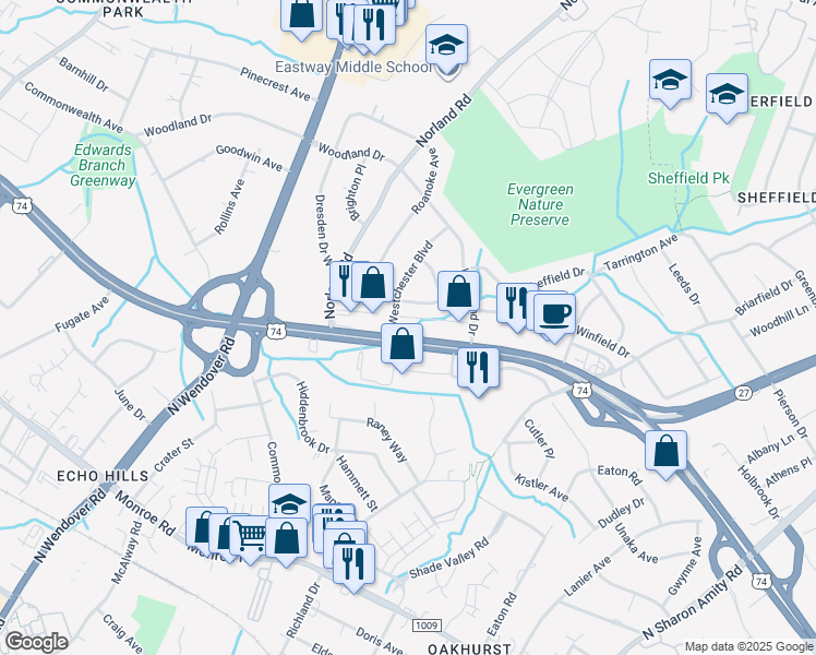 map of restaurants, bars, coffee shops, grocery stores, and more near 3701 East Independence Boulevard in Charlotte
