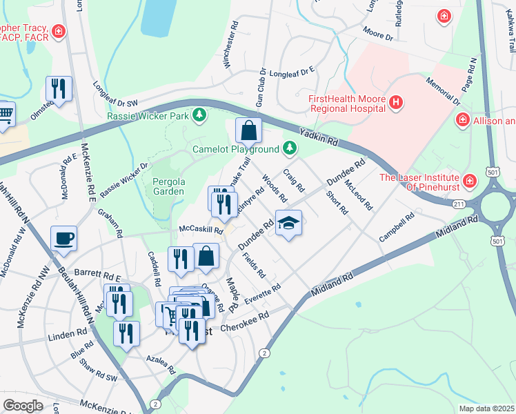 map of restaurants, bars, coffee shops, grocery stores, and more near 25 Medlin Road in Pinehurst