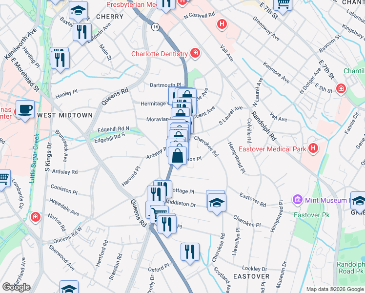 map of restaurants, bars, coffee shops, grocery stores, and more near 601 Providence Road in Charlotte