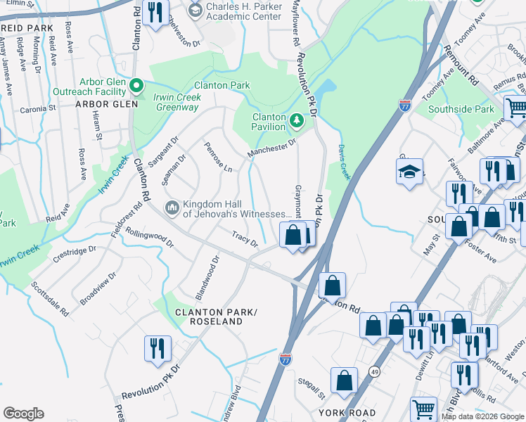 map of restaurants, bars, coffee shops, grocery stores, and more near 3332 Barfield Drive in Charlotte