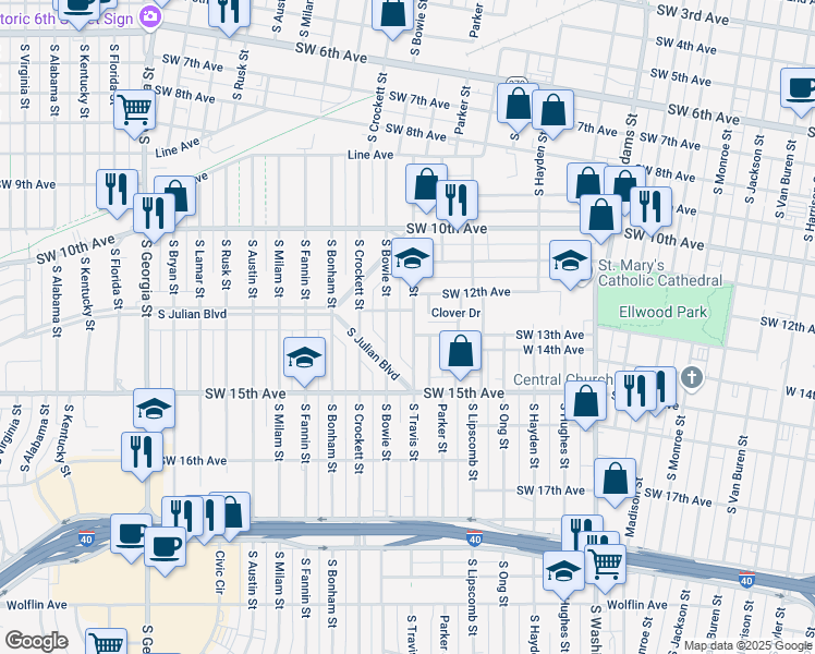 map of restaurants, bars, coffee shops, grocery stores, and more near 1206 South Travis Street in Amarillo