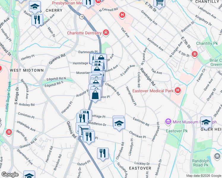 map of restaurants, bars, coffee shops, grocery stores, and more near in Charlotte