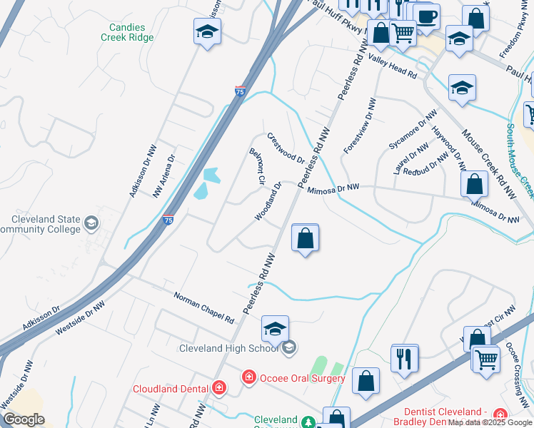 map of restaurants, bars, coffee shops, grocery stores, and more near 1108 Burlington Drive in Cleveland
