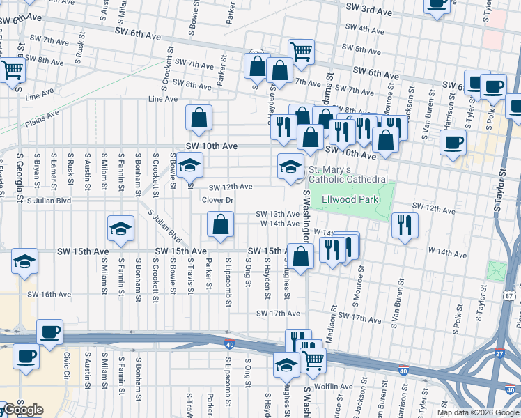map of restaurants, bars, coffee shops, grocery stores, and more near 1204 Southwest 13th Avenue in Amarillo