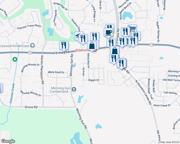map of restaurants, bars, coffee shops, grocery stores, and more near 2788 Misty Bay Drive in Arlington