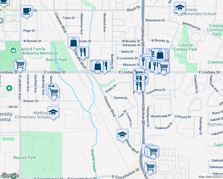 map of restaurants, bars, coffee shops, grocery stores, and more near 900 Deonne Circle in Norman