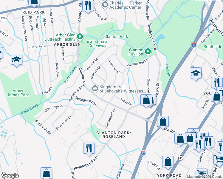 map of restaurants, bars, coffee shops, grocery stores, and more near 3527 Archer Avenue in Charlotte