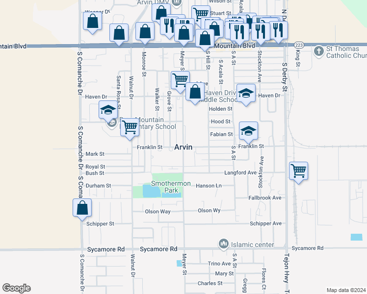 map of restaurants, bars, coffee shops, grocery stores, and more near in Arvin