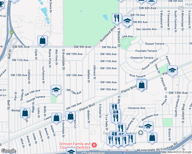 map of restaurants, bars, coffee shops, grocery stores, and more near 4247 Southwest 13th Avenue in Amarillo
