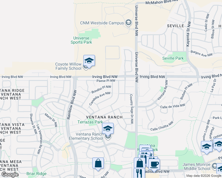 map of restaurants, bars, coffee shops, grocery stores, and more near 10420 Vendaval Avenue Northwest in Albuquerque