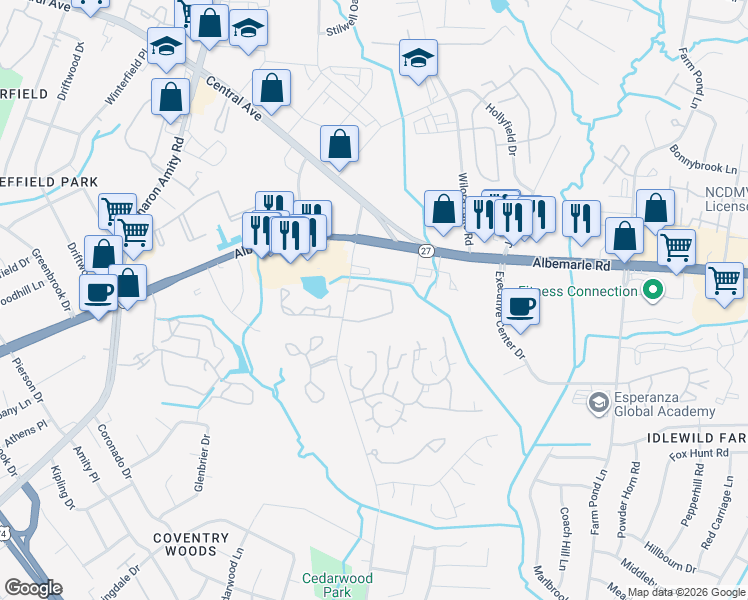 map of restaurants, bars, coffee shops, grocery stores, and more near 5841 Reddman Road in Charlotte