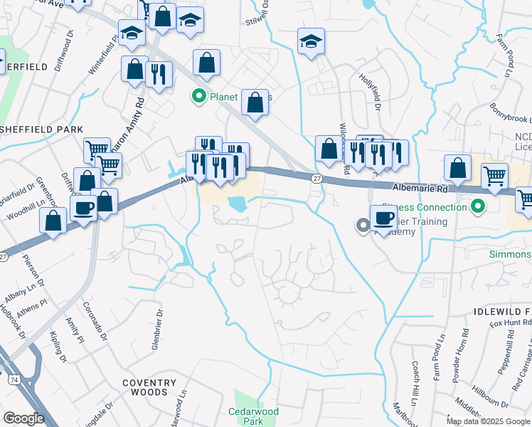 map of restaurants, bars, coffee shops, grocery stores, and more near 5822 Reddman Road in Charlotte