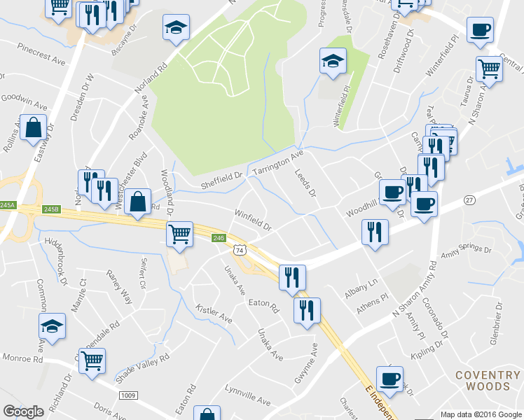 map of restaurants, bars, coffee shops, grocery stores, and more near 4017 Winfield Drive in Charlotte