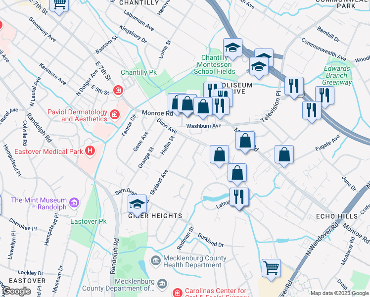 map of restaurants, bars, coffee shops, grocery stores, and more near 431 Skyland Avenue in Charlotte