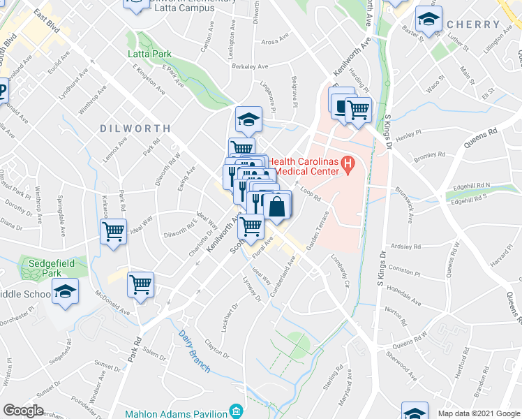 map of restaurants, bars, coffee shops, grocery stores, and more near in Charlotte