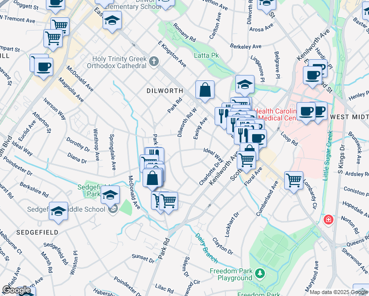 map of restaurants, bars, coffee shops, grocery stores, and more near 2027 Dilworth Road West in Charlotte