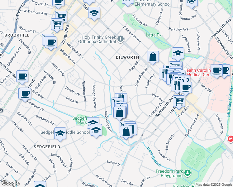 map of restaurants, bars, coffee shops, grocery stores, and more near 2117 Kirkwood Avenue in Charlotte