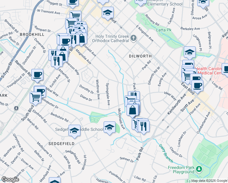 map of restaurants, bars, coffee shops, grocery stores, and more near 2227 Springdale Avenue in Charlotte