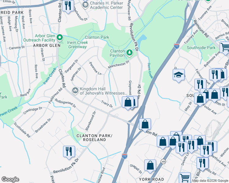 map of restaurants, bars, coffee shops, grocery stores, and more near 3332 Barfield Drive in Charlotte