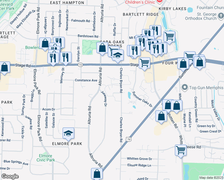 map of restaurants, bars, coffee shops, grocery stores, and more near 2805 Charles Bryan Road in Bartlett