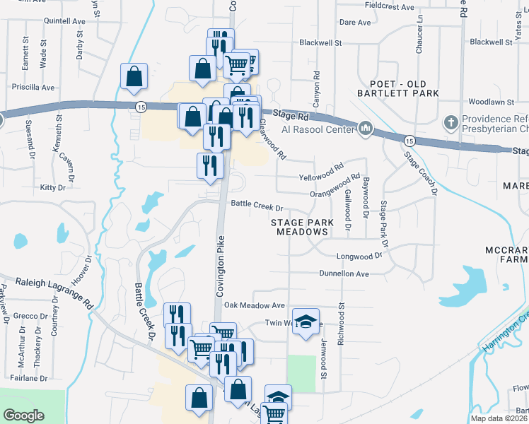 map of restaurants, bars, coffee shops, grocery stores, and more near 2800 East Battle Creek Cove in Memphis