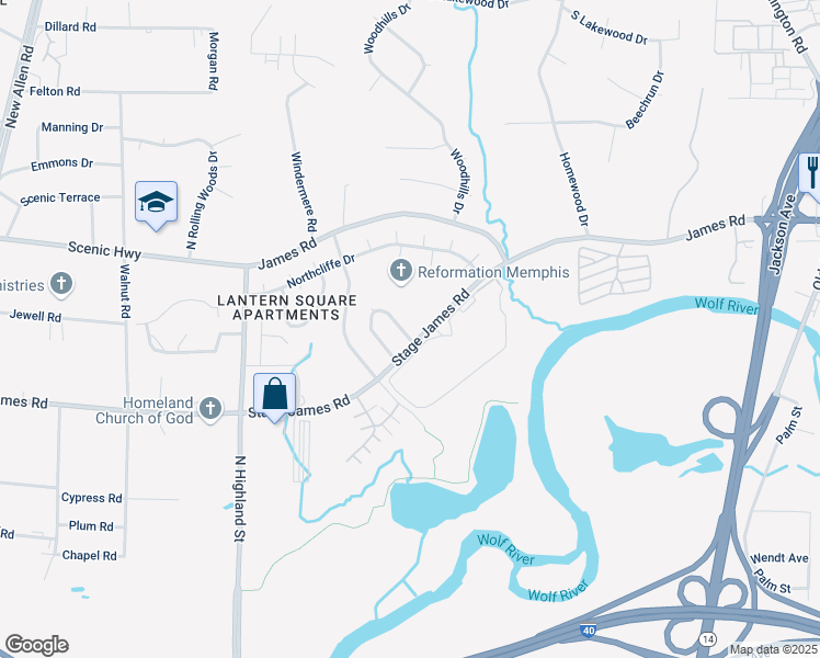 map of restaurants, bars, coffee shops, grocery stores, and more near 2802 East Hickory Bluff in Memphis