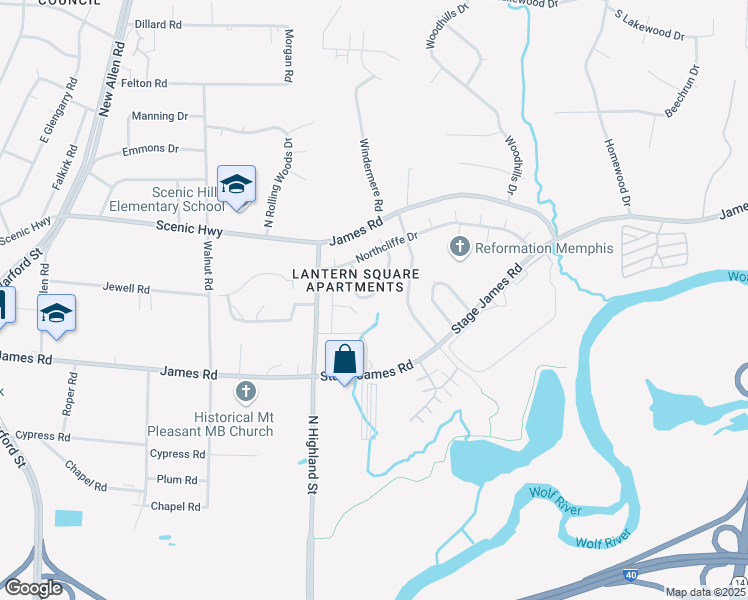 map of restaurants, bars, coffee shops, grocery stores, and more near 3643 Haughton Lane in Memphis