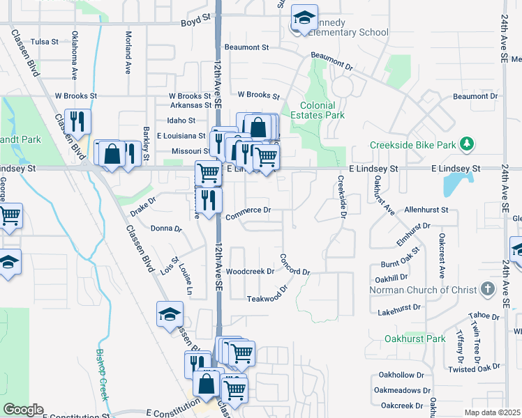 map of restaurants, bars, coffee shops, grocery stores, and more near 1317 Commerce Drive in Norman