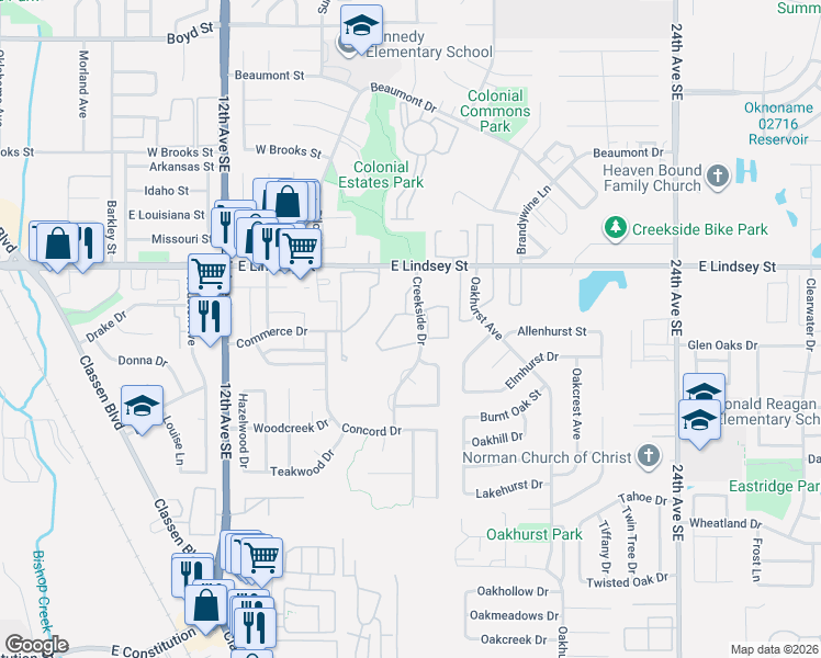 map of restaurants, bars, coffee shops, grocery stores, and more near 1370 Creekside Drive in Norman
