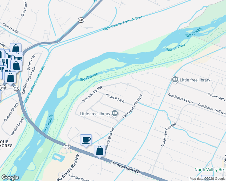 map of restaurants, bars, coffee shops, grocery stores, and more near 10040 Los Cansados Court Northwest in Albuquerque