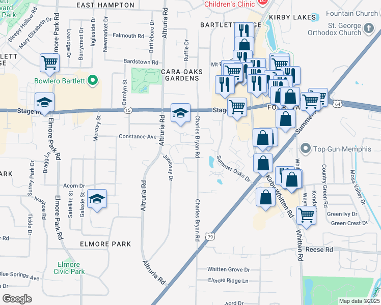 map of restaurants, bars, coffee shops, grocery stores, and more near 2805 Charles Bryan Road in Memphis