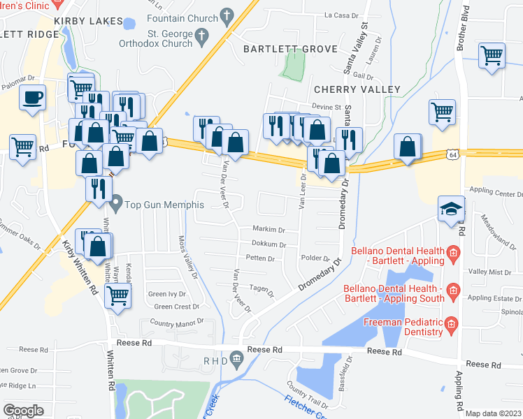 map of restaurants, bars, coffee shops, grocery stores, and more near 2800 Maryland Circle West in Memphis