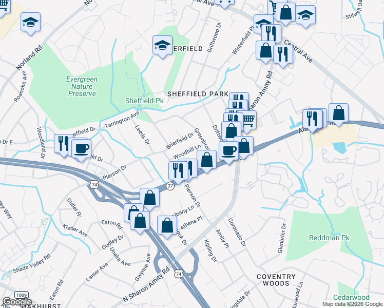 map of restaurants, bars, coffee shops, grocery stores, and more near 1500 Woodhill Lane in Charlotte