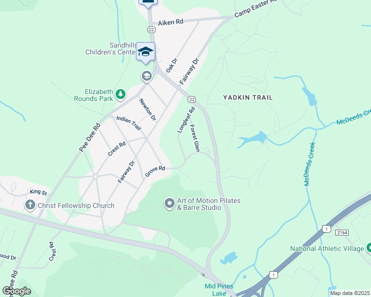 map of restaurants, bars, coffee shops, grocery stores, and more near 115 Longleaf Road in Southern Pines